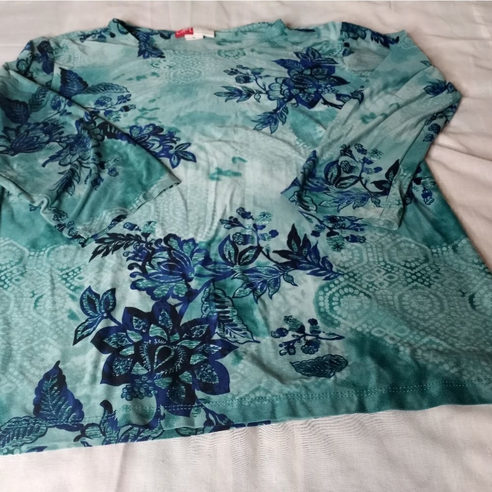JM Collection M Blue 3/4 Sleeve Floral Print Women's Top Tunic